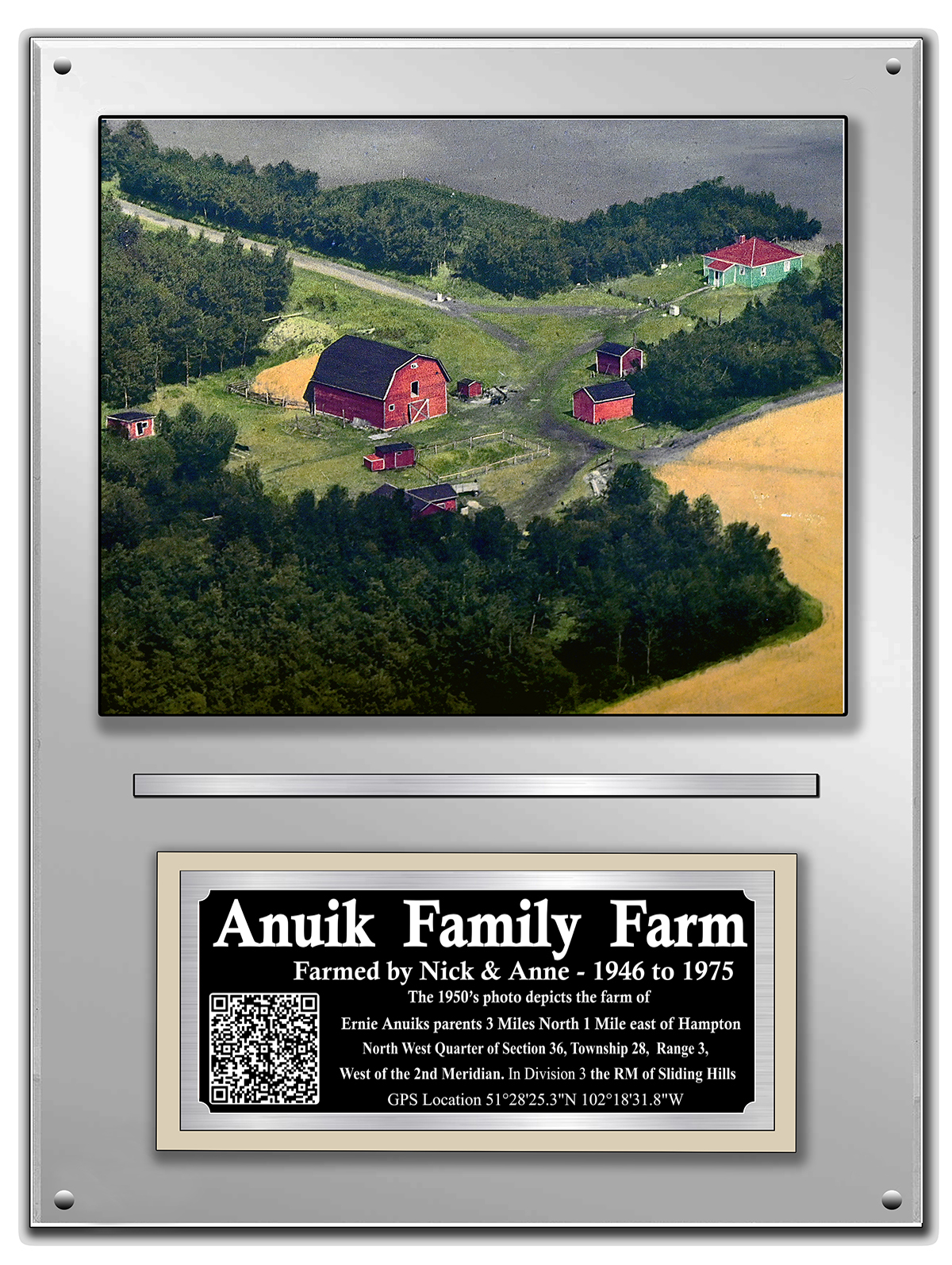 Anuik Family Farm historical display and engraved plaque
