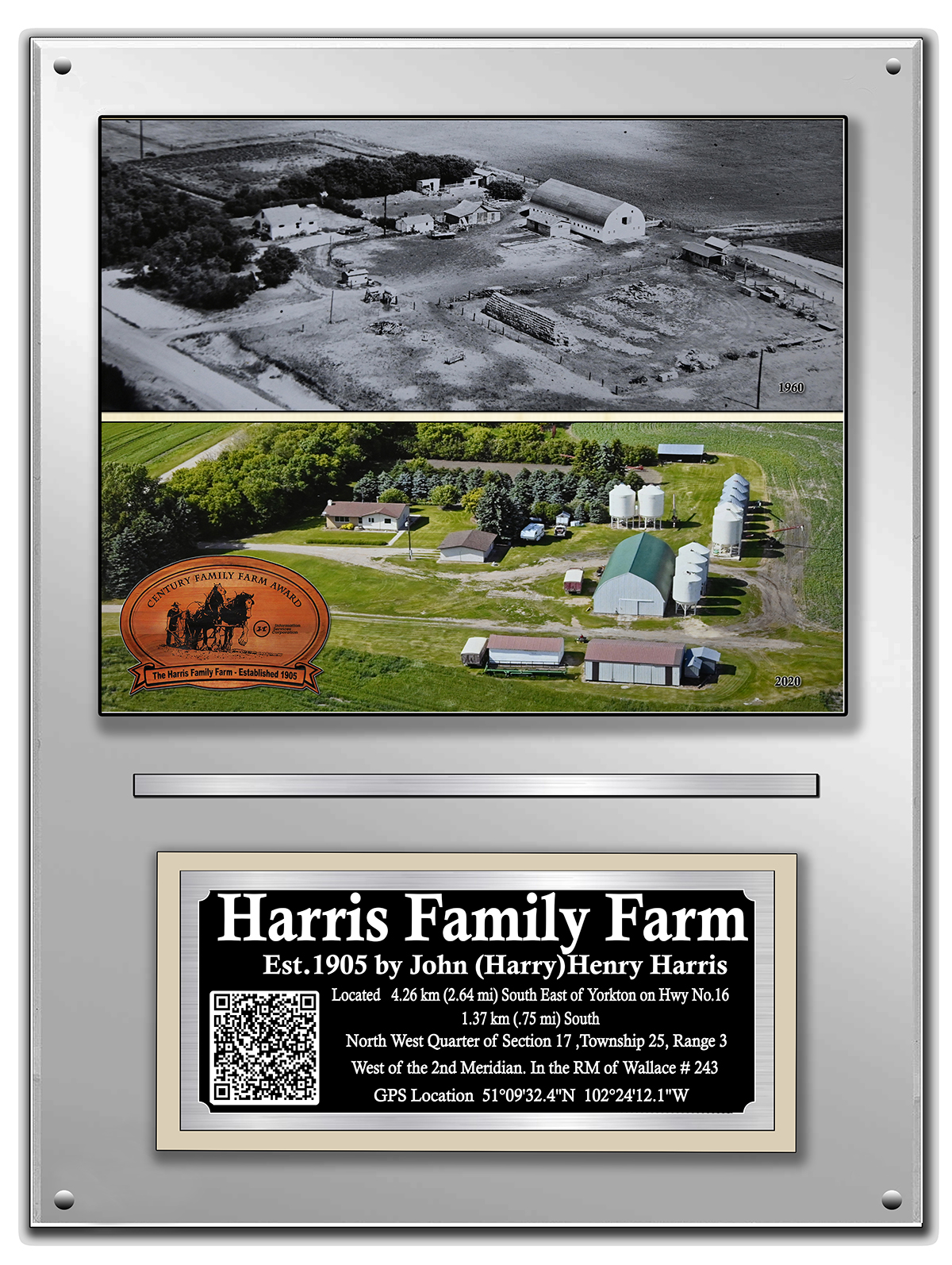 Harris Family Farm historical display and engraved plaque
